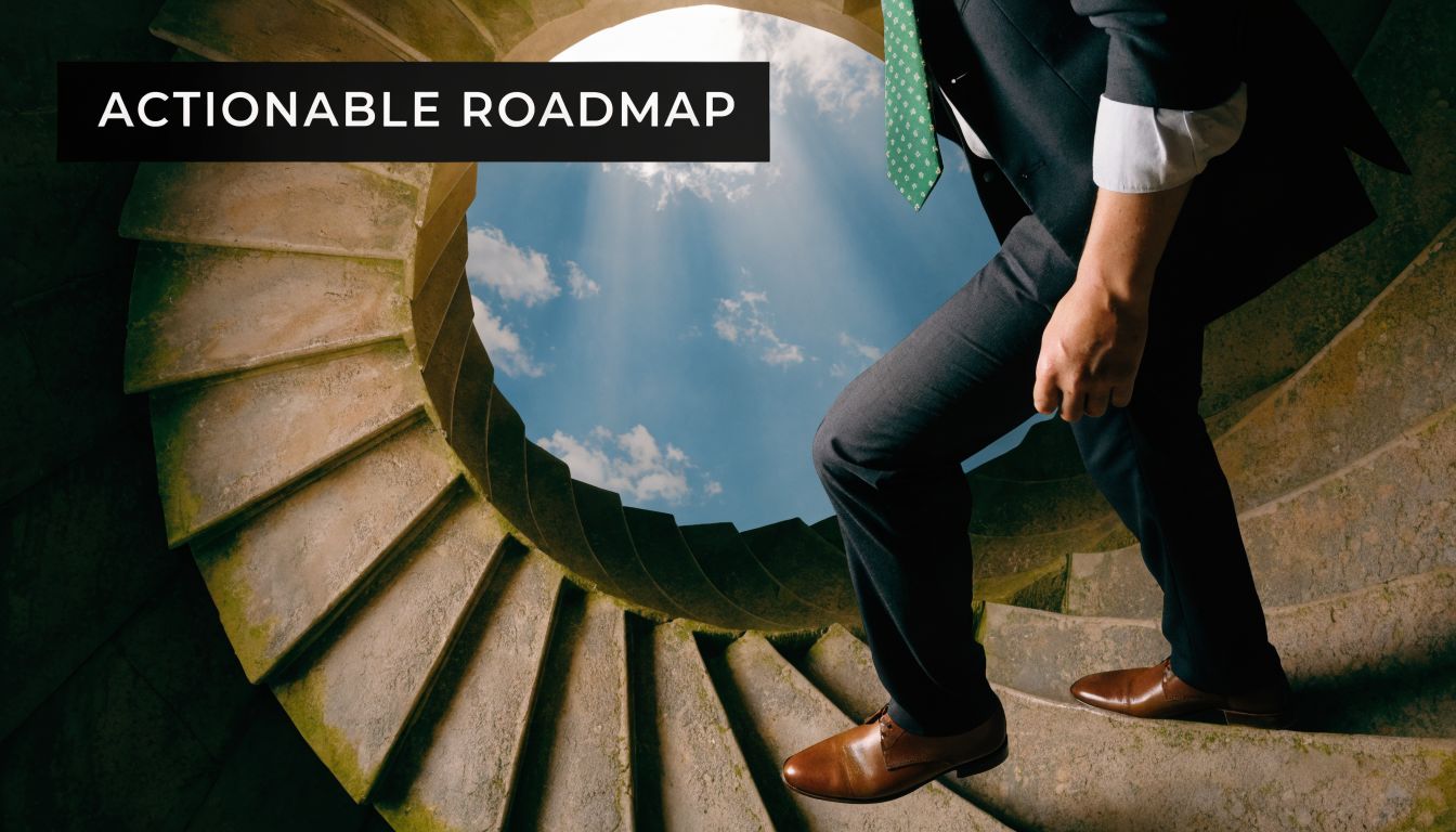 A person in a business suit walking up a spiral stone staircase towards the bright sky.