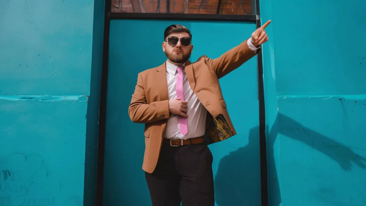 Devant un mur turquoise vif, un homme en veste beige, chemise blanche et cravate rose ajuste sa tenue tout en pointant fermement du doigt vers la droite. Il porte des lunettes de soleil et adopte une posture affirmée. Cette mise en scène visuelle accompagne la réflexion sur l’impact de l’IA sur l’équité dans le recrutement, en évoquant la désignation, le jugement et la question des préjugés humains reproduits ou amplifiés par les algorithmes.