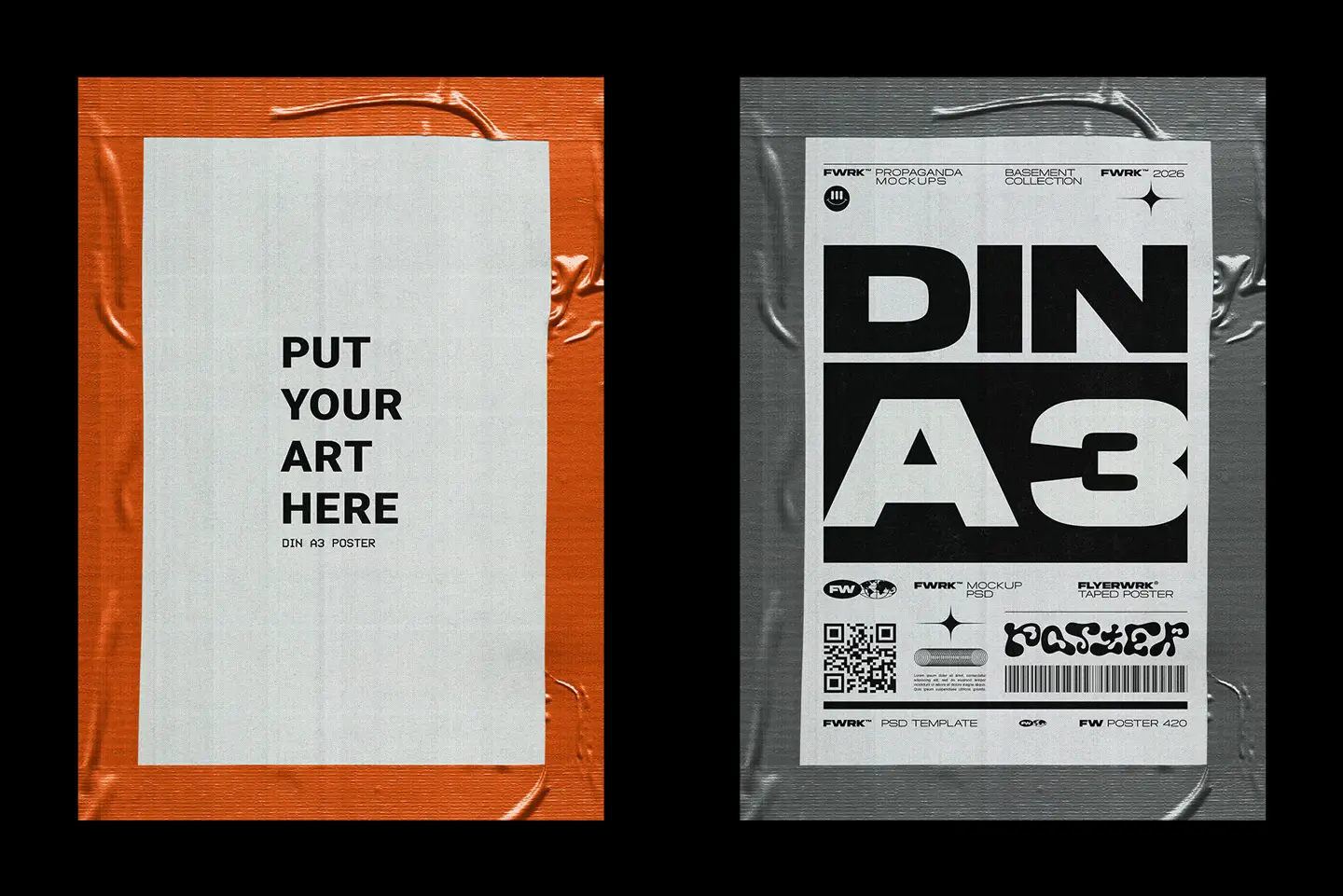 Raw taped poster mockup DIN A3 with scanned texture and taped edges design