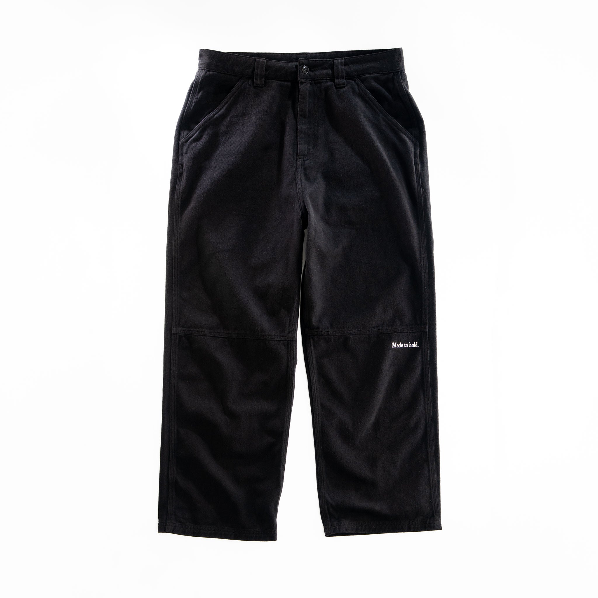 Black pants with a brand logo on a white background