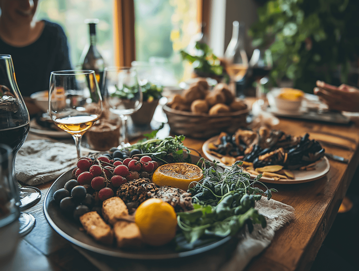 A beautifully arranged table with various dishes, including fruits, bread, and wine, set for a meal.