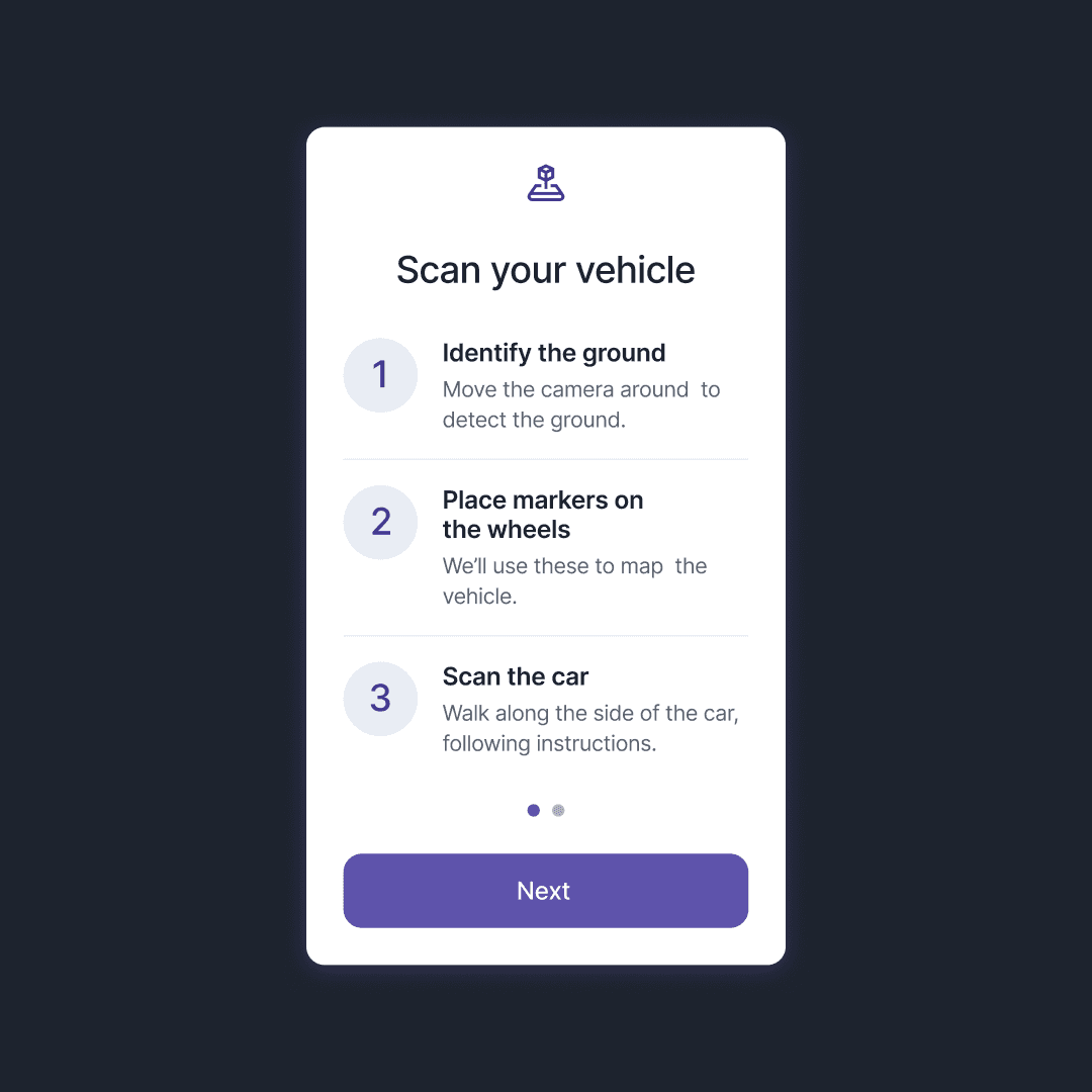 Onboarding instruction card titled "Scan your vehicle" listing three steps: identify the ground, place markers on the wheels, and scan the car, with a "Next" button.