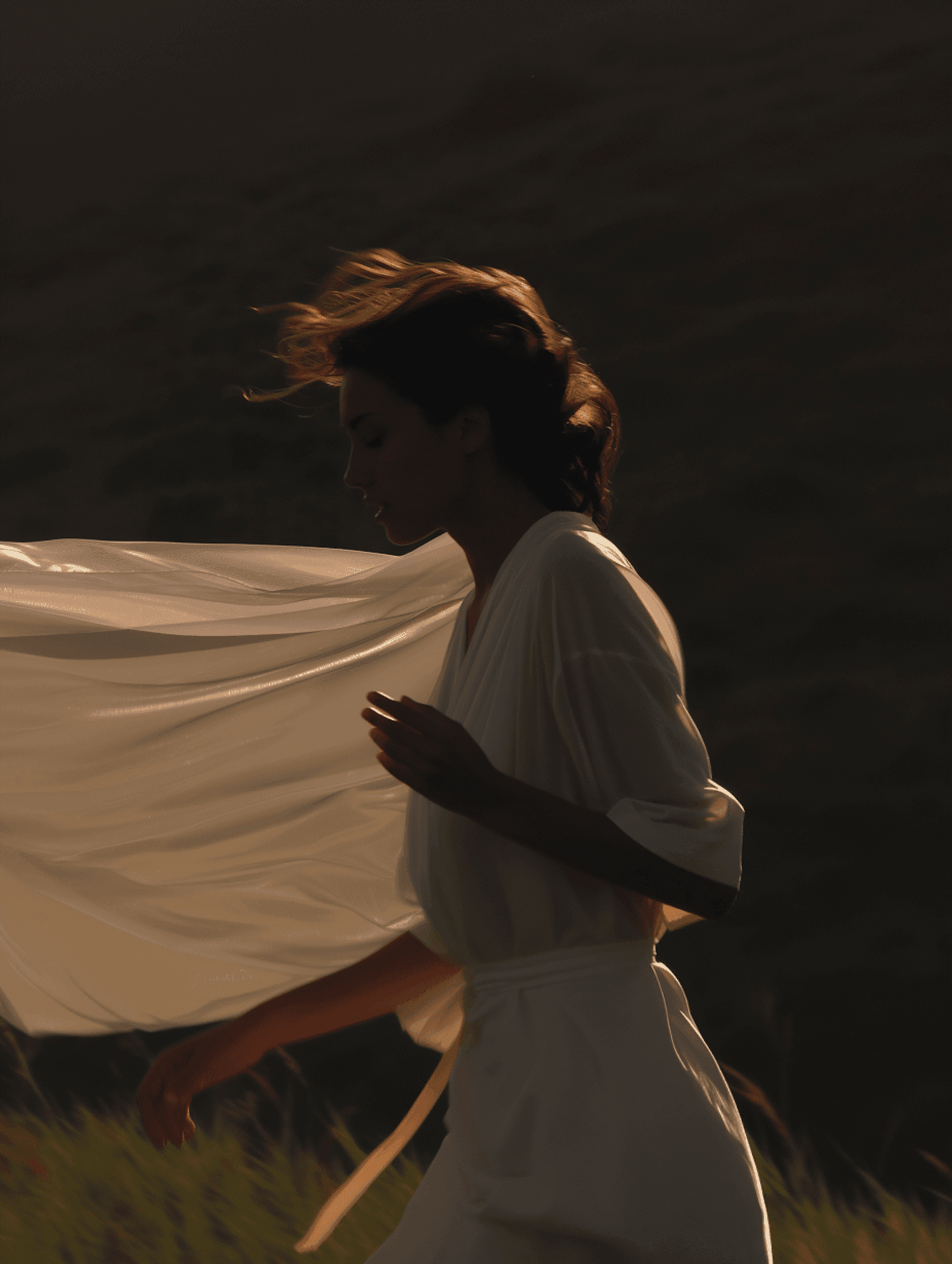 Person running with white fabric flowing in the wind