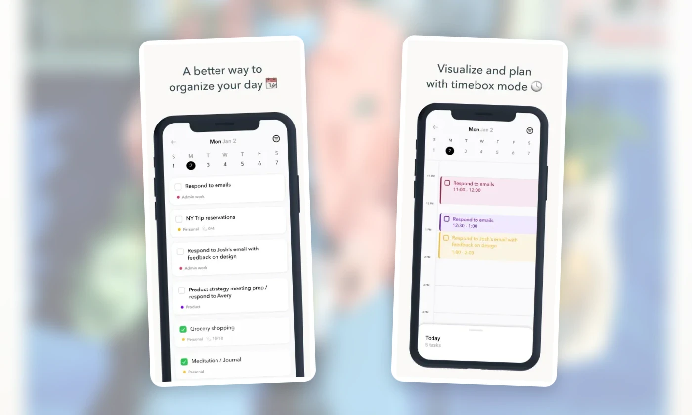 Official Ellie screens showing a daily task list and visual timebox.