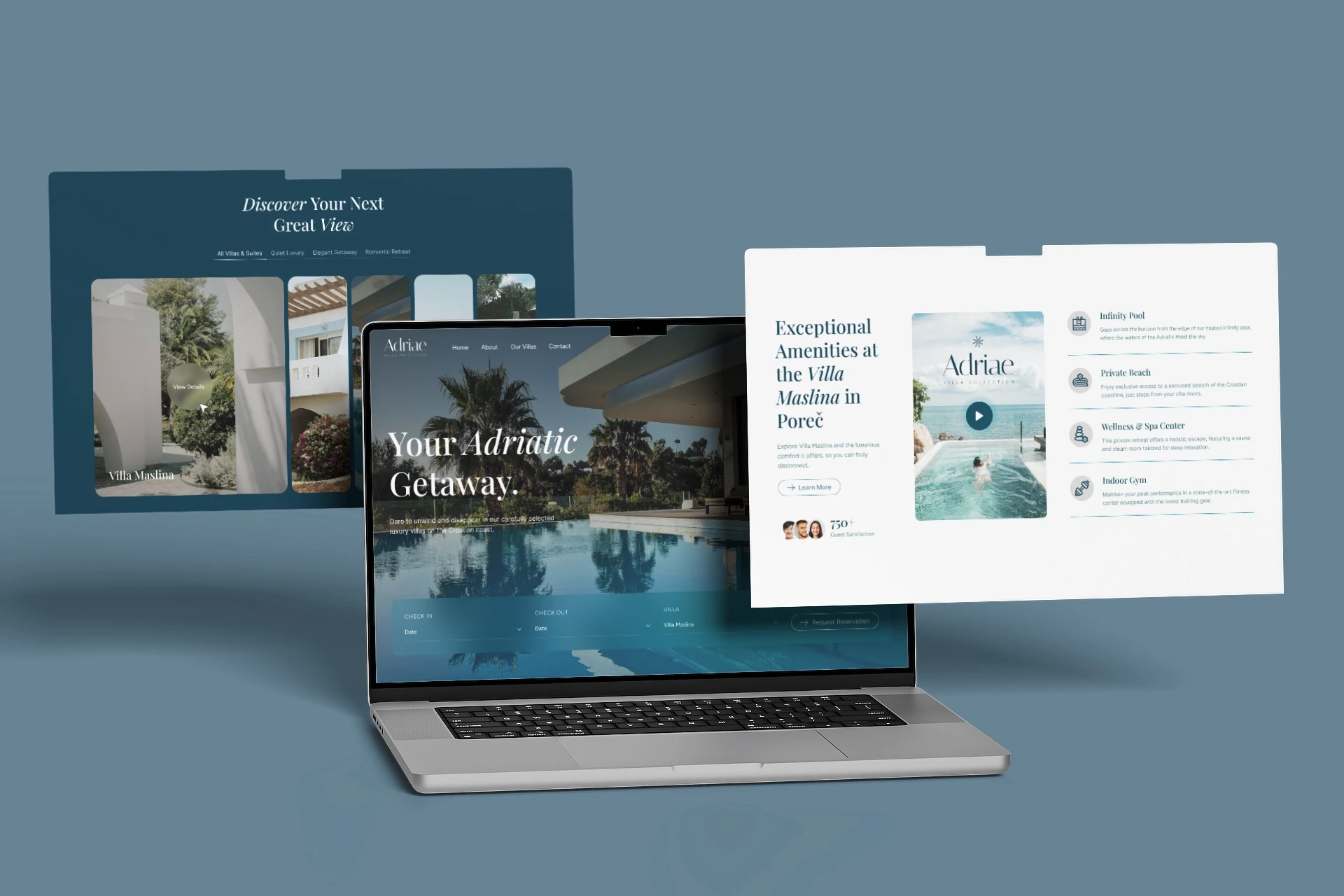 A premium digital design by Studio Liminal showcase featuring the Adriae villa collection website displayed across a modern laptop and three responsive user interface screens.
