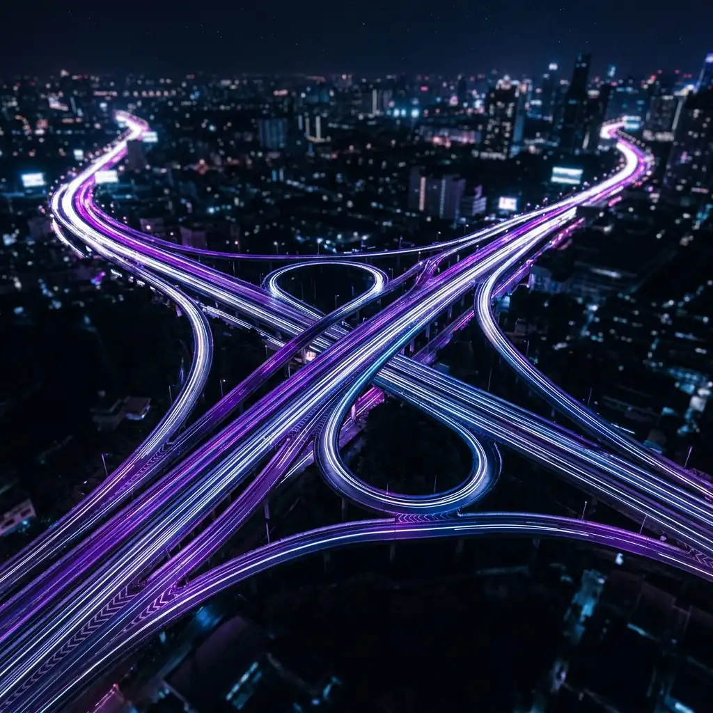 Aerial night highway with violet light trails