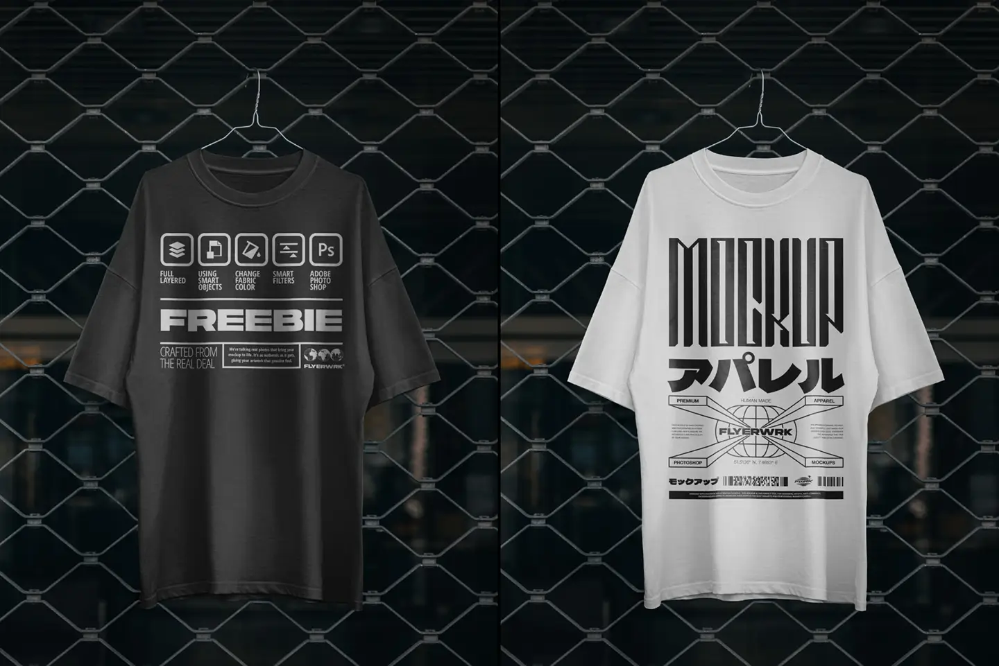 Front view of black and white Rue Porter t-shirts hanging on an urban chain-link fence