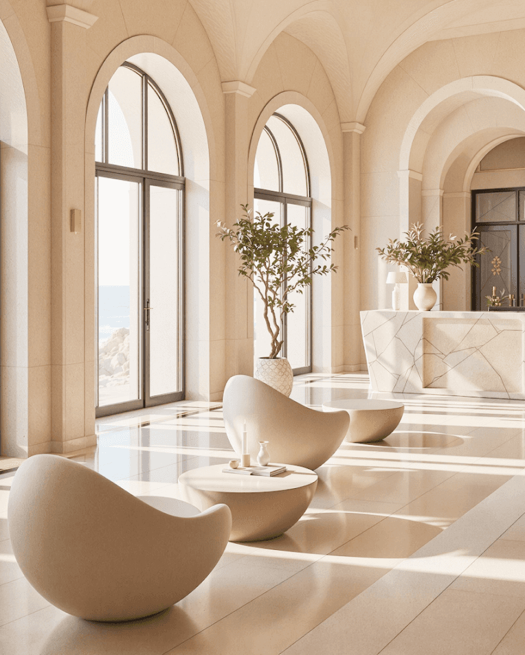 Bright coastal living room with large windows, cozy seating, and ocean views.