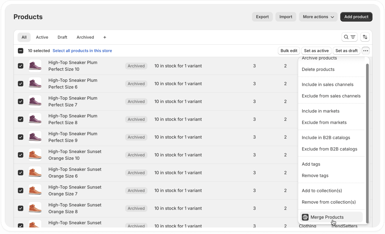 Select Merge Products in Shopfiy admin