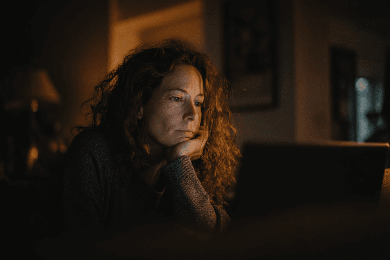 a family member, female, 40s, on her laptop in her mother's home, anxiously searching online.