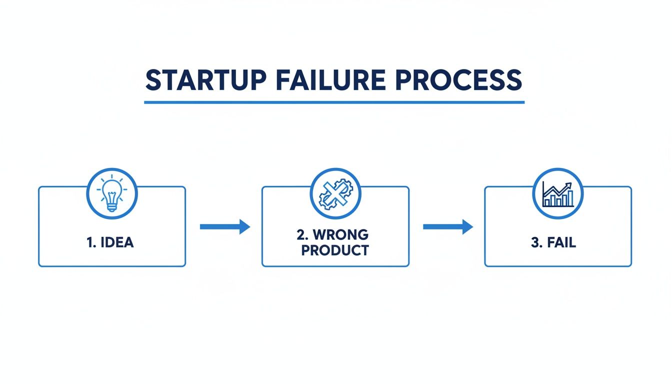 Diagram illustrating the startup failure process, showing steps from idea to wrong product leading to ultimate failure.