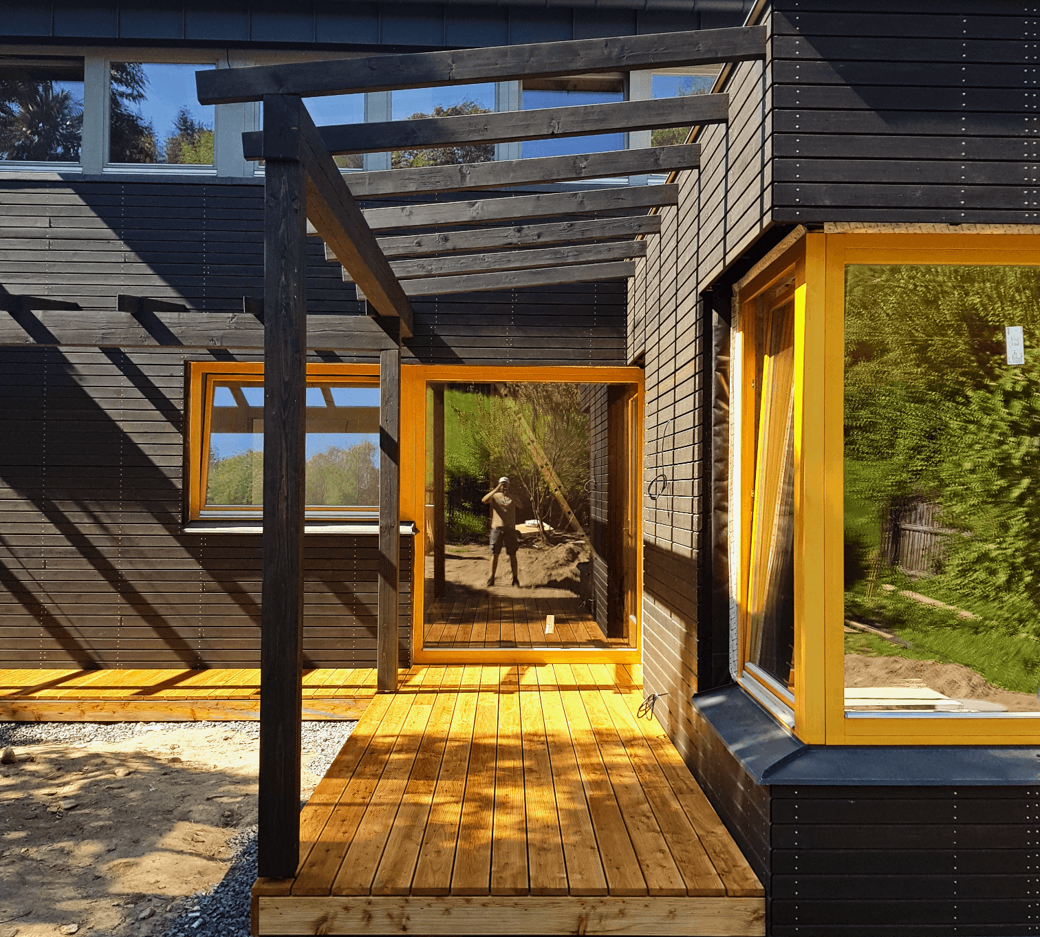 a staircase made of wooden planks in a building