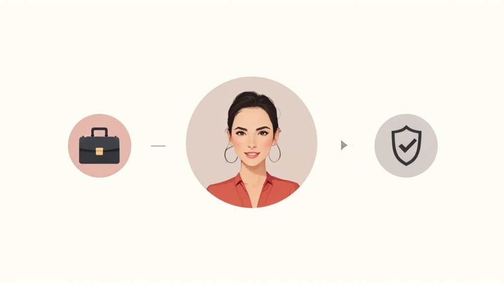 Prozessdiagramm mit Aktenkoffer, Profilbild einer Frau und einem Sicherheitsschild mit Häkchen.