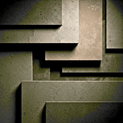 Composición arquitectónica 3D de estilo brutalista formada por bloques de concreto rectangulares entrelazados con un estudio de iluminación y sombras pronunciadas.