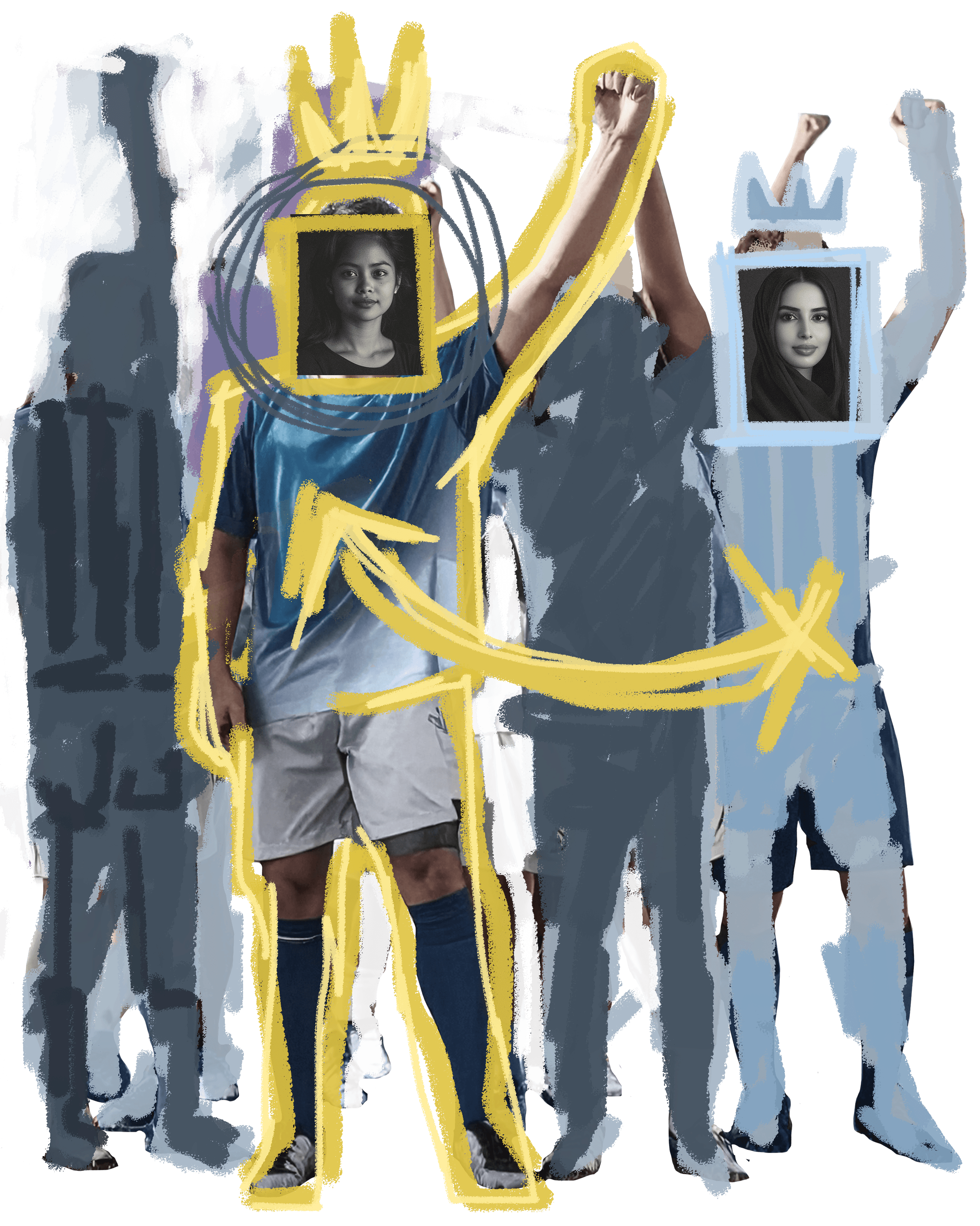 Group of diverse people wearing crown screens, with an upward arrow.