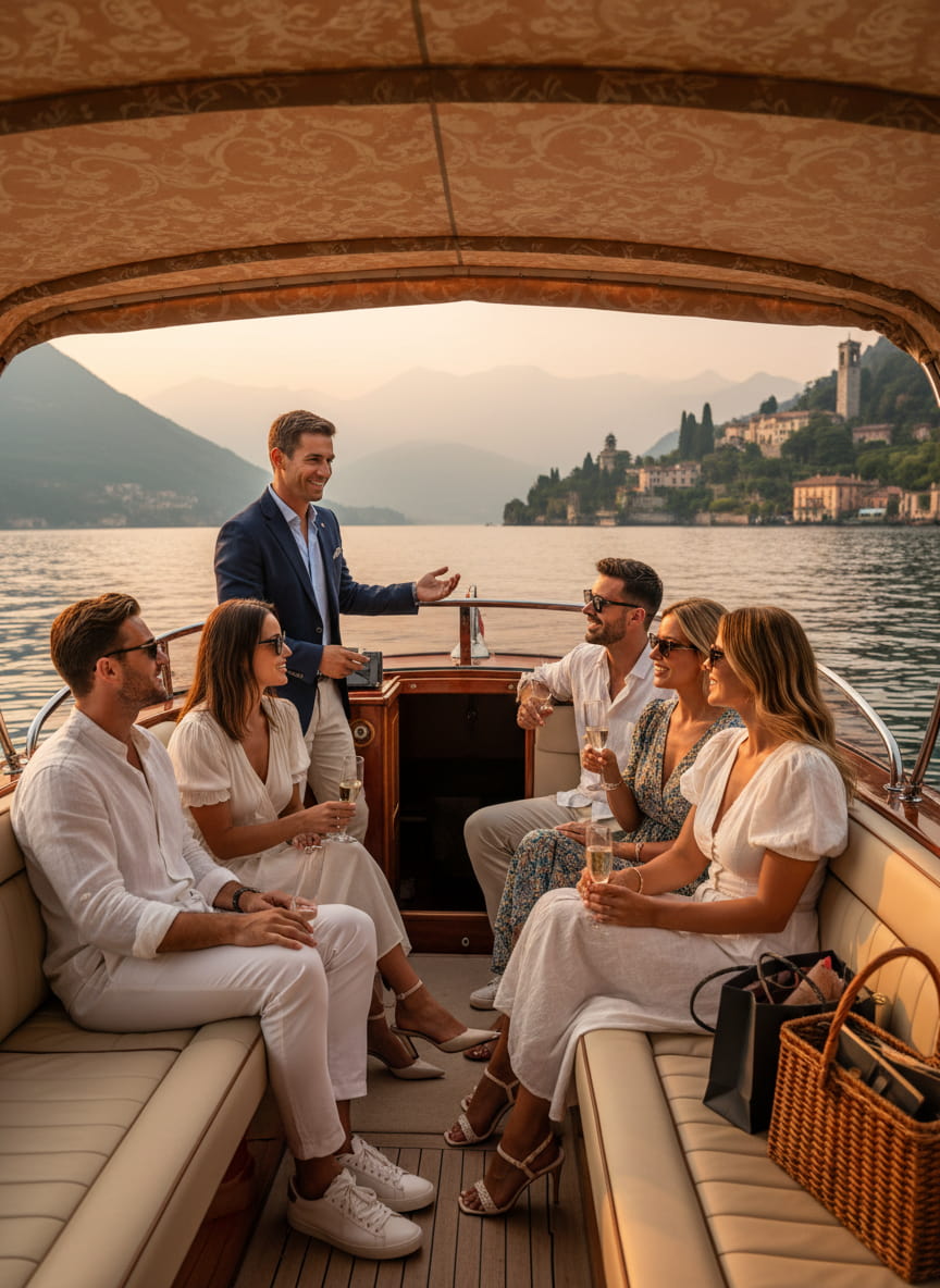 Gruppo di amici sale su un taxi boat privato sul lago guidato da un conducente