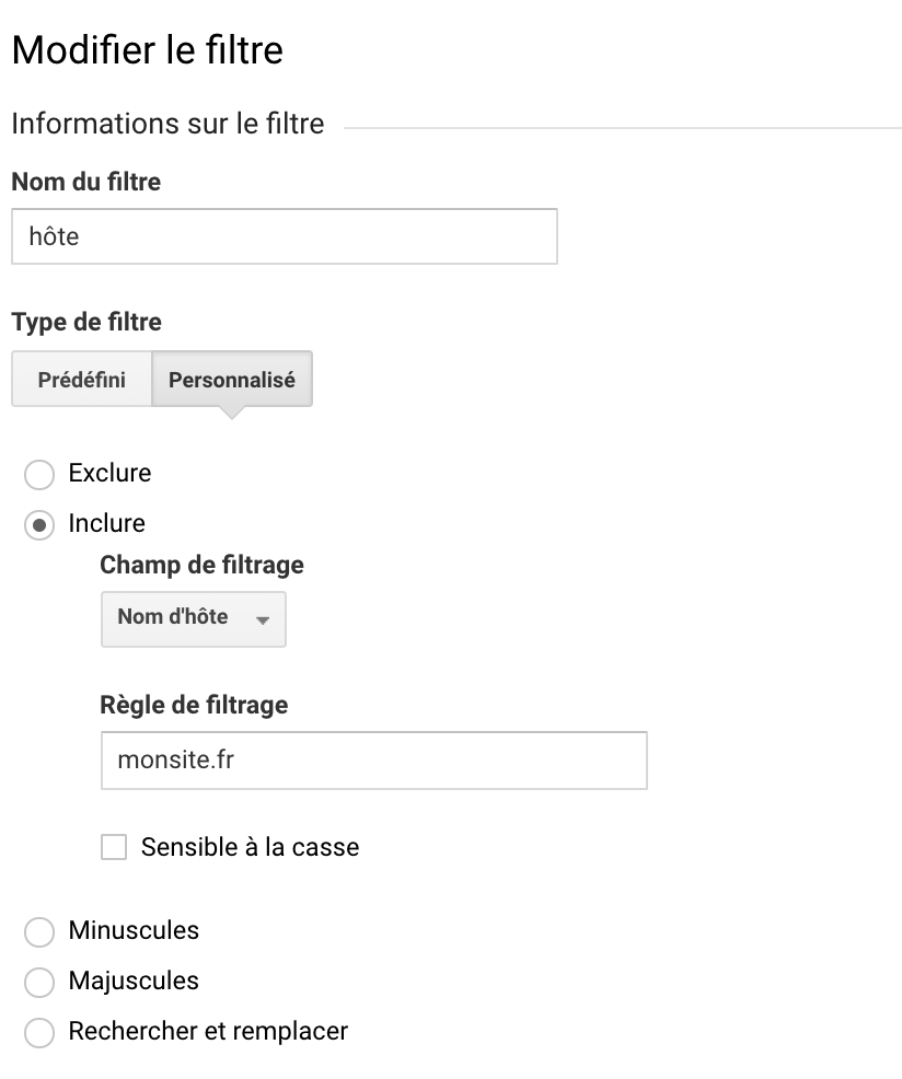 Filtre nom d'hôte Google Analytics