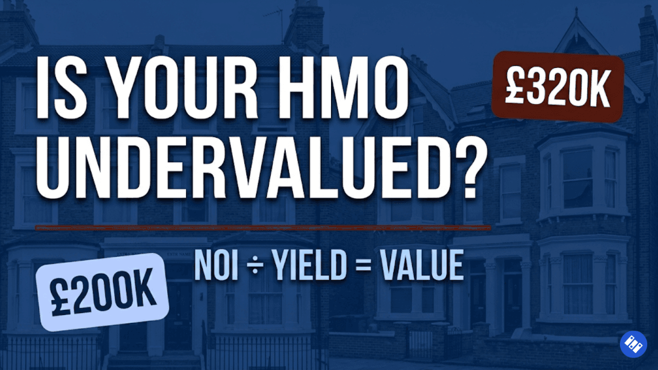 HMO valuation formula: NOI divided by yield equals value, showing £200k vs £320k property comparison