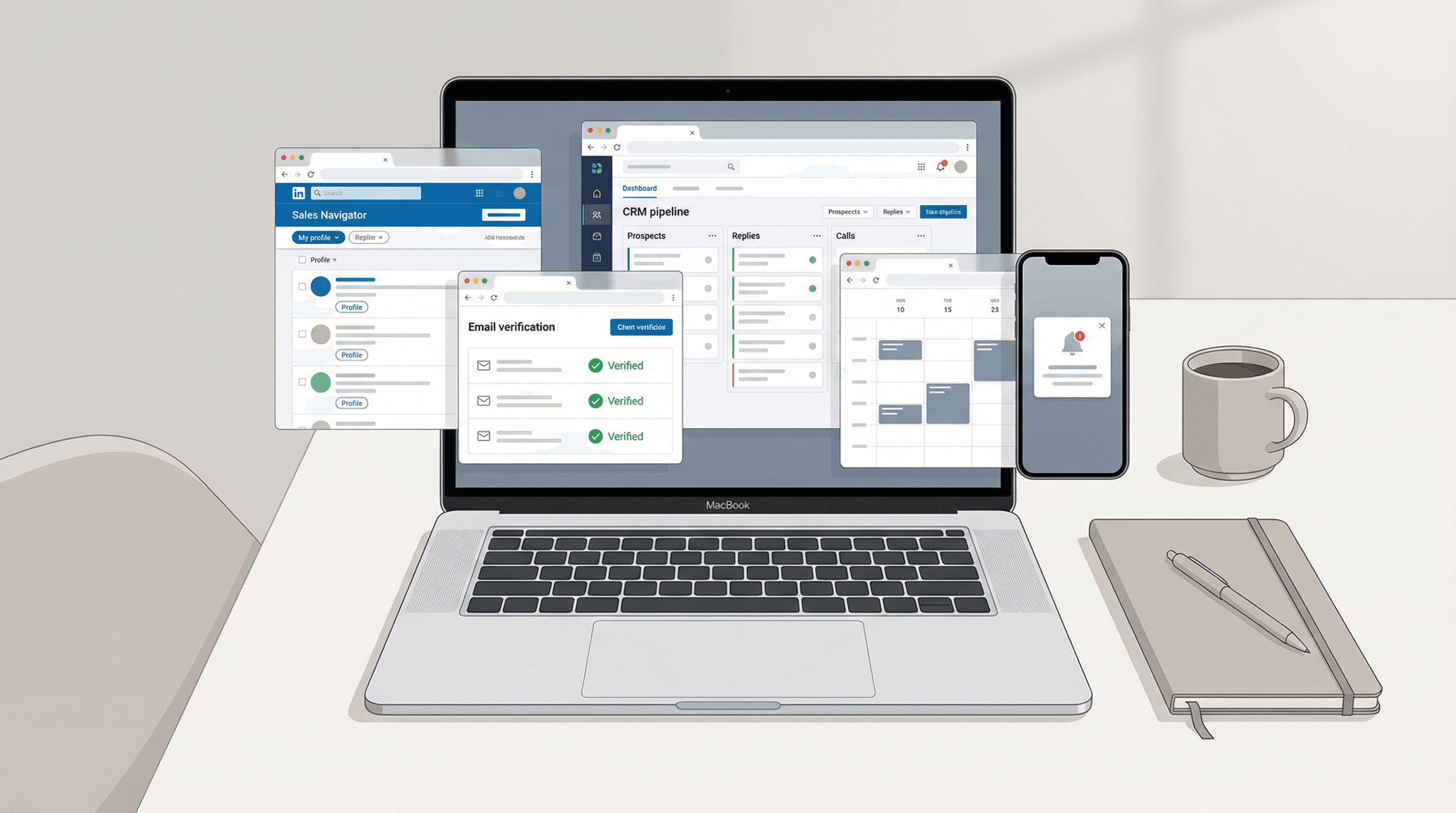 B2B SaaS founder's workspace showing cold email tools integration: LinkedIn Sales Navigator, email client, CRM dashboard, verification tools, and calendar for managing outbound campaigns