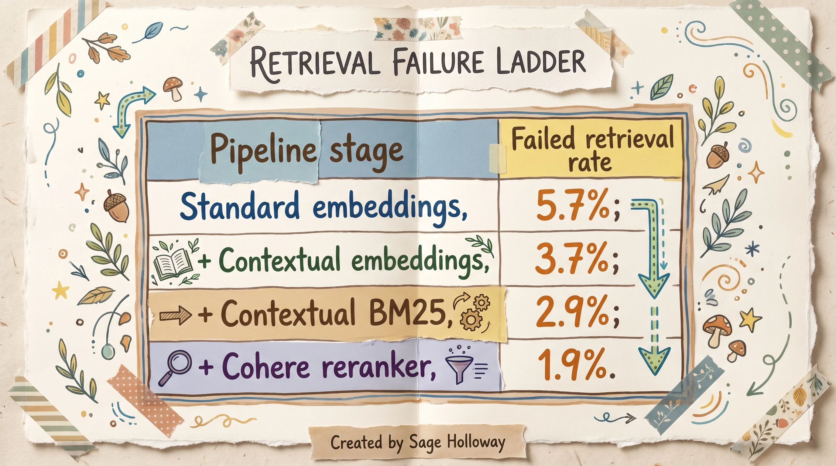 Table showing contextual retrieval failure rates falling from 5.7 percent to 1.9 percent across pipeline stages