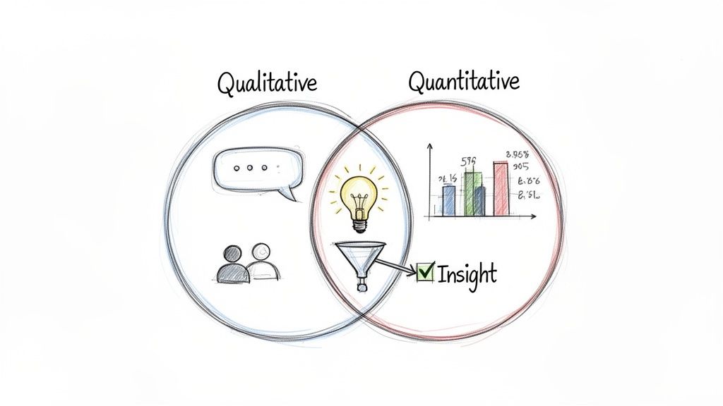 A Venn diagram illustrates how qualitative and quantitative research combine to generate insights.