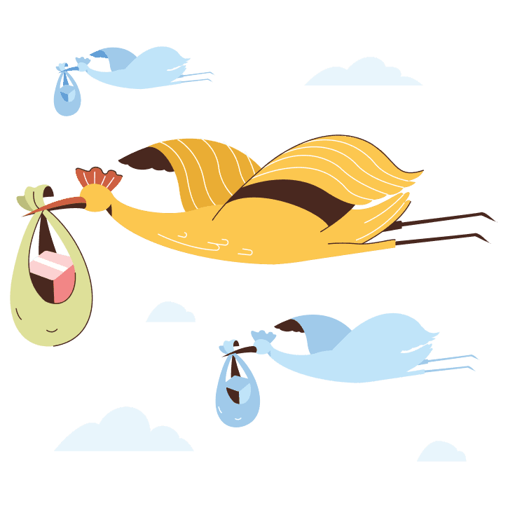 A cartoonish yellow bird flying among fluffy clouds, carrying a small bag in its beak.