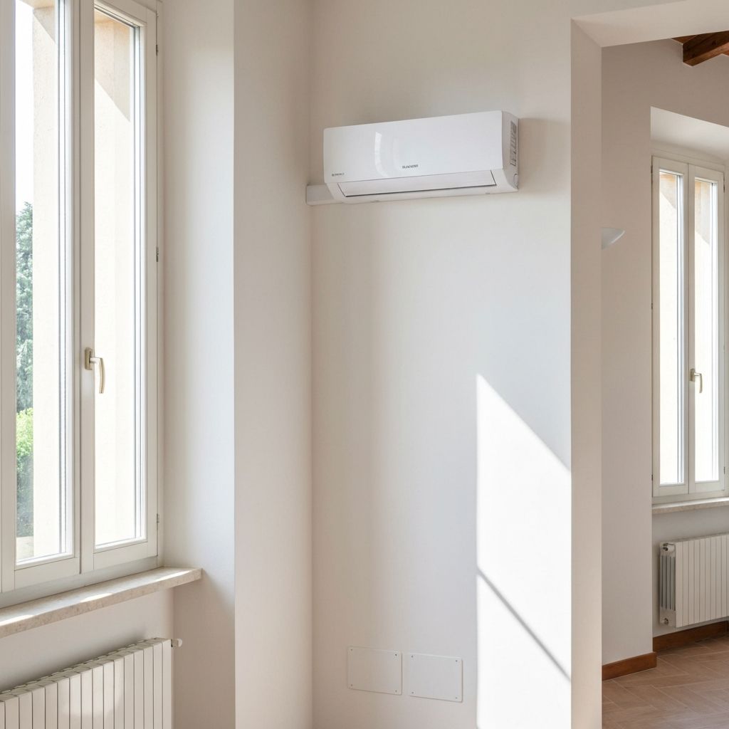 Un climatizzatore bianco moderno è installato su una parete chiara, illuminata da un raggio di sole obliquo.