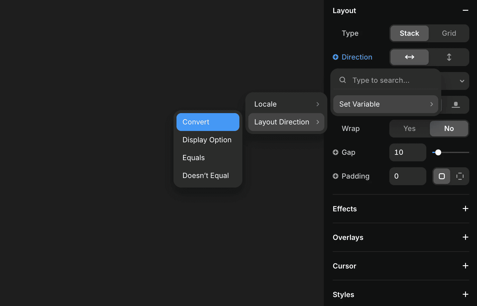 Framer interface showing layout settings for a Stack. In the right sidebar, under Layout → Direction, a variable menu is open. The user is configuring a ‘Set Variable’ action that converts the current Locale to a Layout Direction value, with options like Convert, Display Option, Equals, and Doesn’t Equal visible in the dropdown.