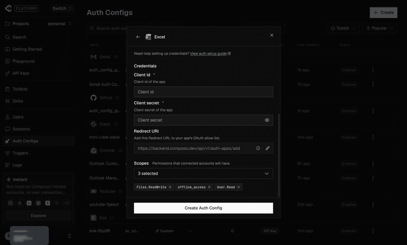 Excel custom OAuth credential inputs
