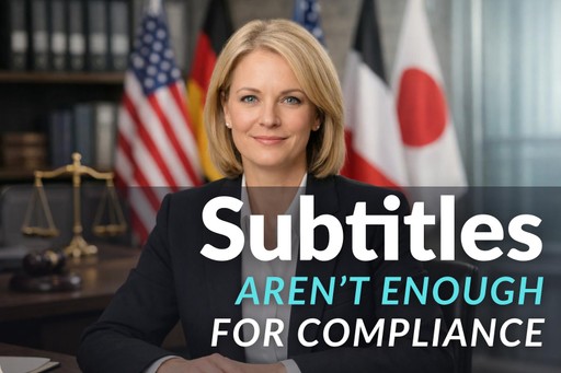 Eksekutif kepatuhan senior di kantor multinasional sedang membahas penggandaan otomatis untuk video pelatihan industri yang diatur, dengan latar belakang bendera Amerika Serikat, Jerman, dan Jepang.