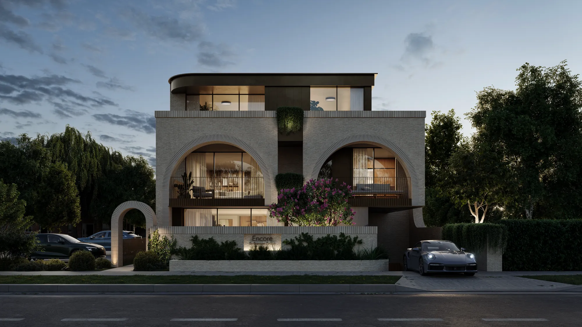Nighttime aerial architectural render by Darkroom Studio