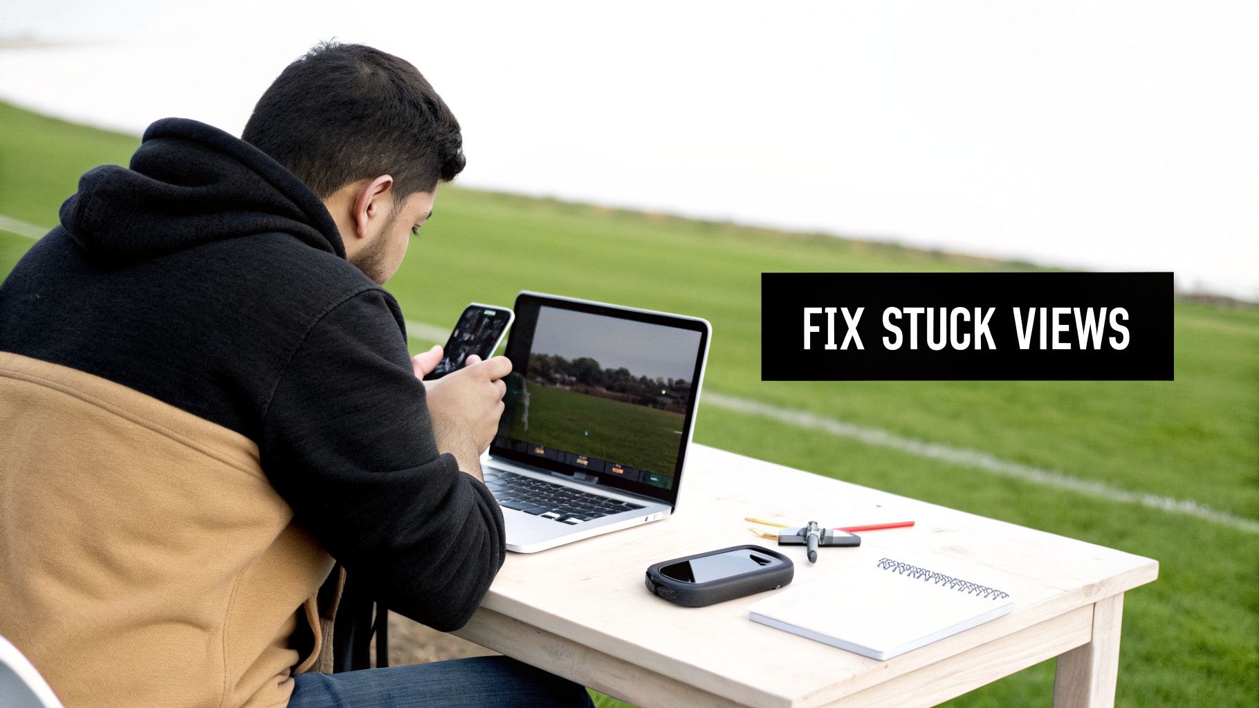 A person uses a laptop and smartphone on a table outdoors, with a 'Fix Stuck Views' overlay.