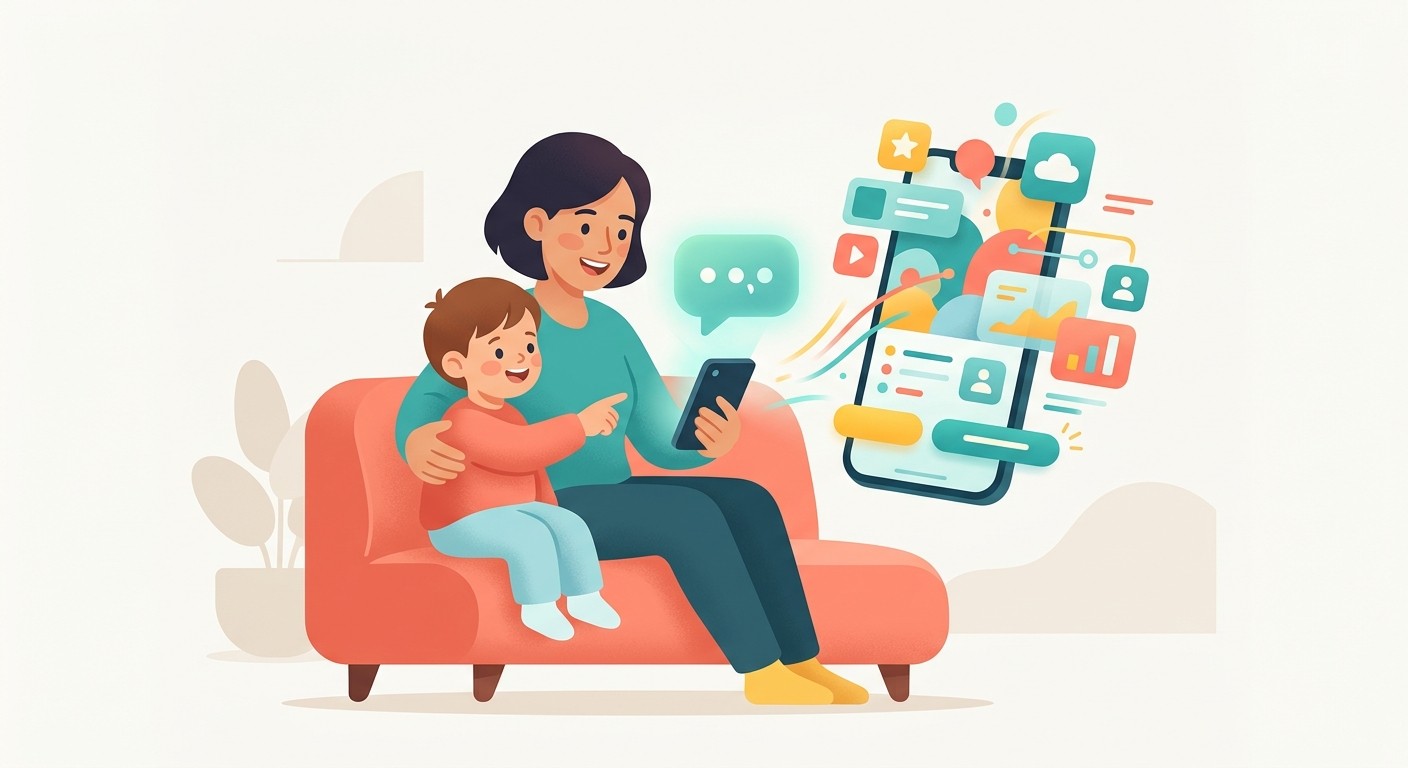 Illustration of a parent and child describing an app idea to an AI app builder on a phone