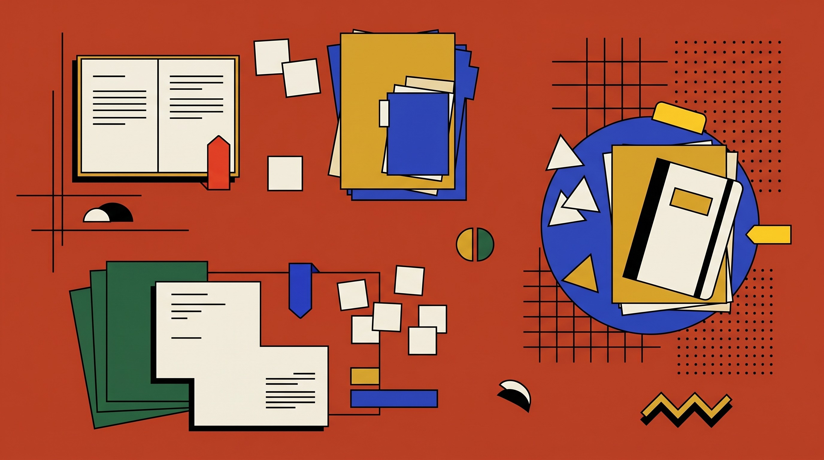 Scattered research desk with three work zones