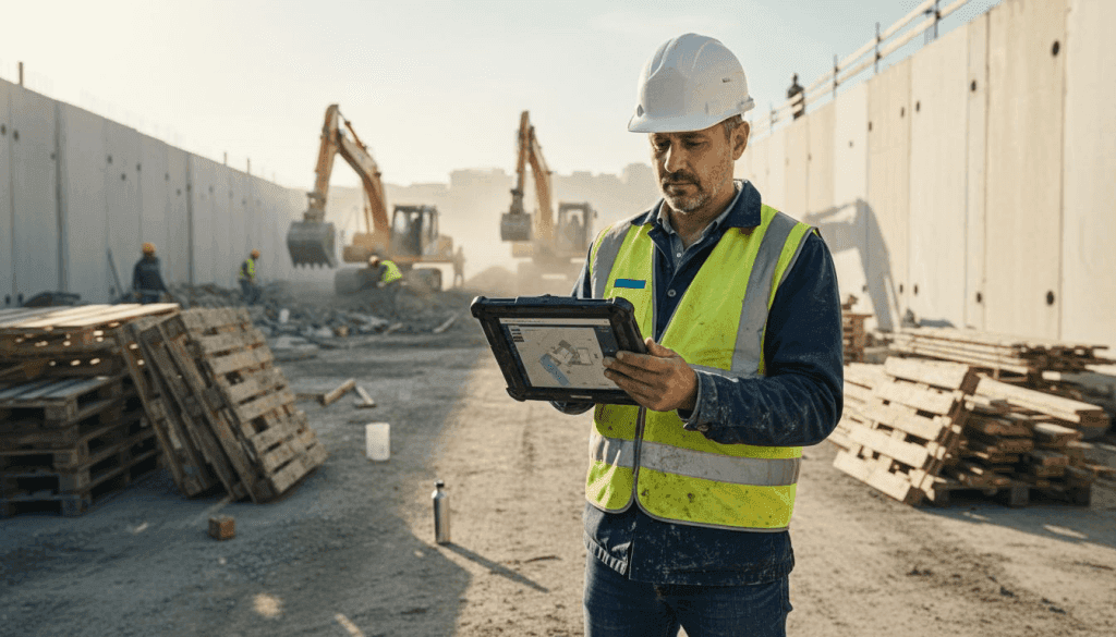 Il responsabile di cantiere controlla la sicurezza sul posto di lavoro grazie al tablet.