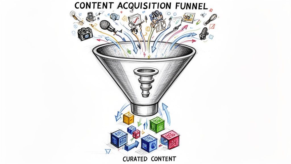 A hand-drawn illustration showing content acquisition funnel where various media icons flow into curated cubes below.