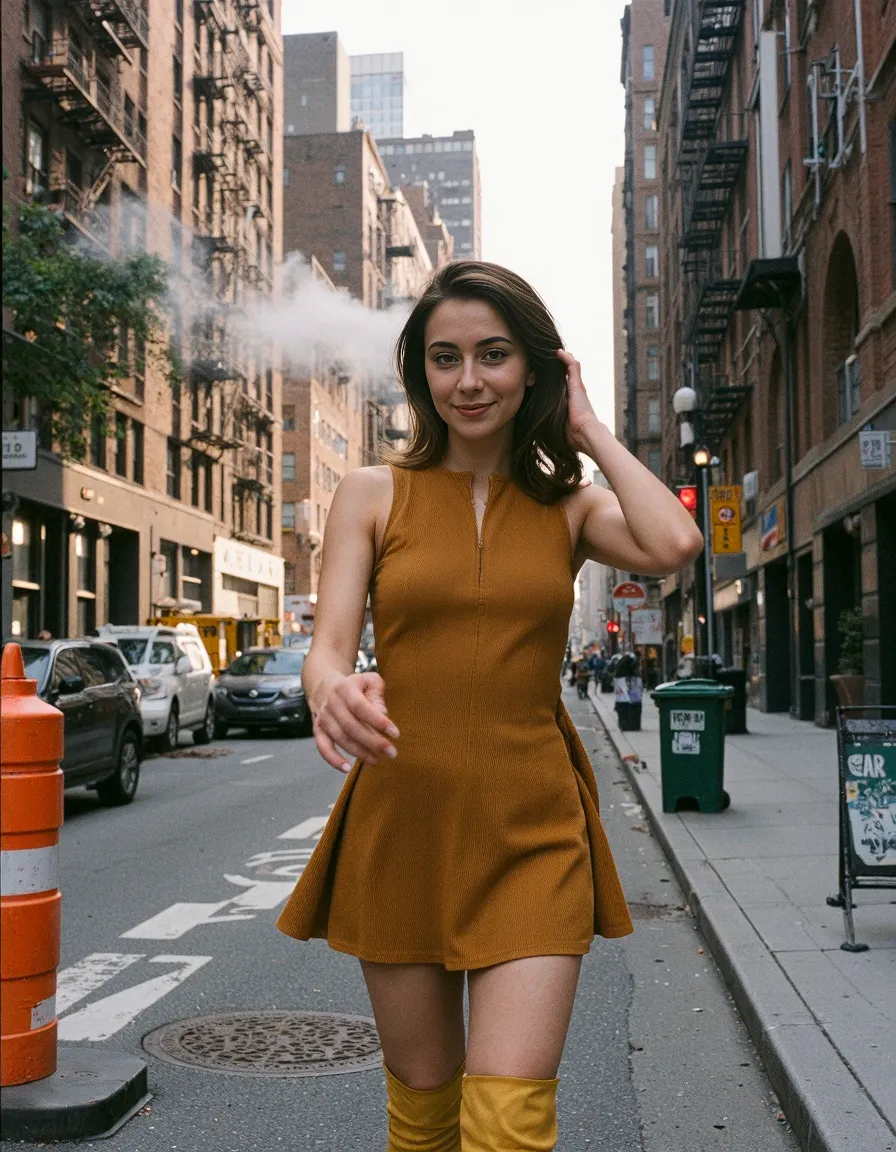 Stylish mustard dress on a New York City street with classic brick buildings, steam, and urban atmosphere in warm autumn tones.