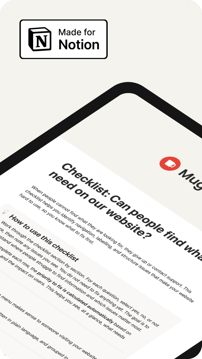 Notion templayte showing a checkist on website improvements