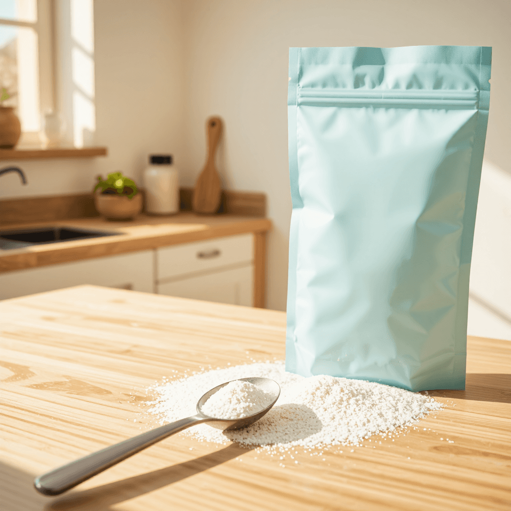 product photography of a packet of powdered supplement