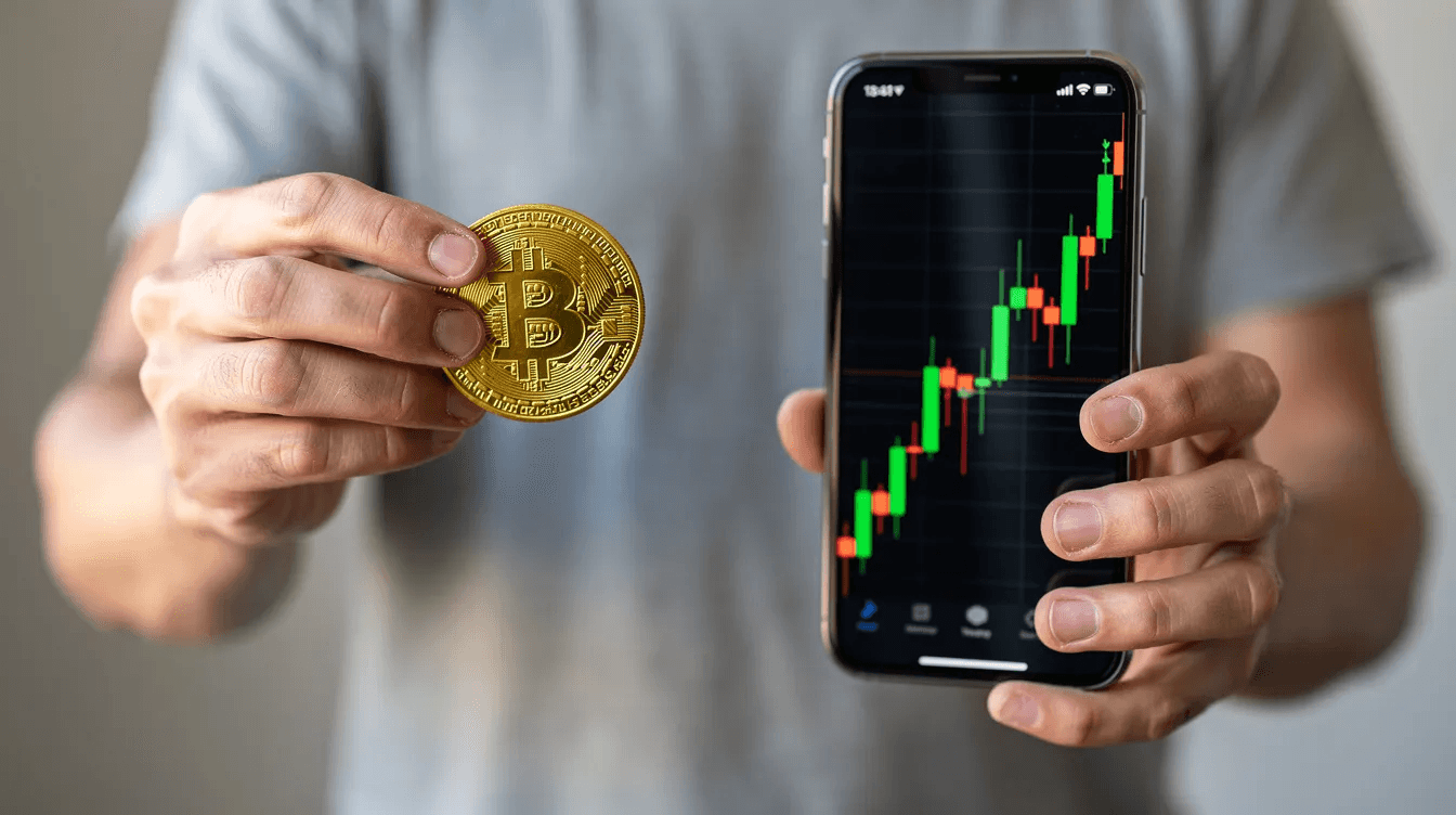 The image depicts a person holding a gold coin in one hand while the other hand displays a smartphone showing a bitcoin chart, symbolizing the comparison between physical gold as a traditional safe haven and bitcoin as a digital asset. This visual representation highlights the ongoing discussion among investors regarding the roles of precious metals and cryptocurrencies in diversified investment portfolios amidst economic uncertainty.