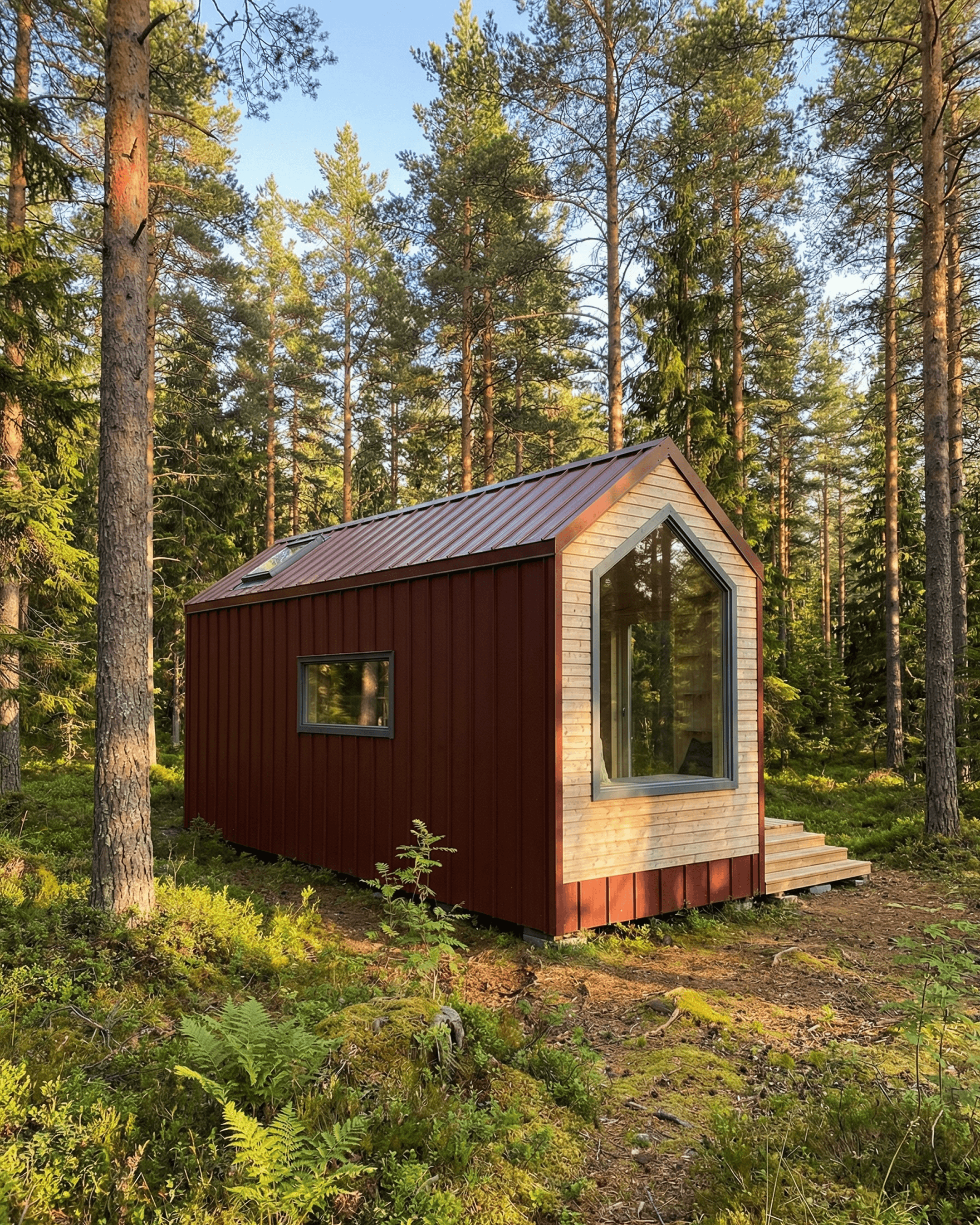 Compact cabin design featuring a red corrugated metal exterior, gabled roof with skylight, and large pentagonal window, set in a forest with a small timber deck — ideal for a modern cabin plan.