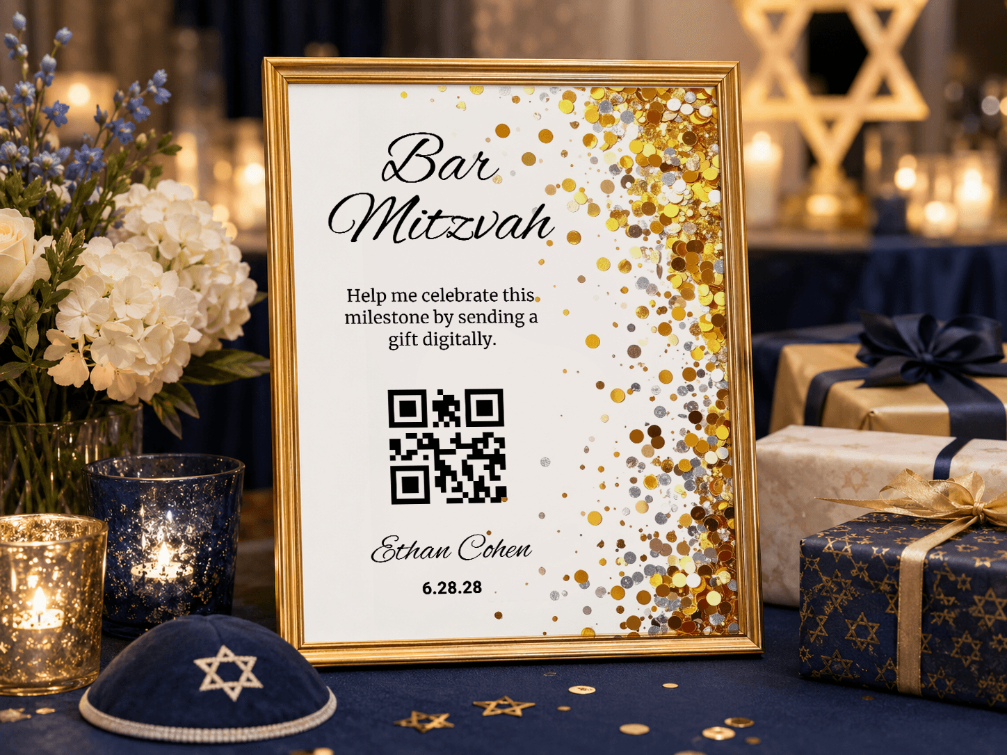 A thin gold frame says 'Bar Mitzvah' and has a QR code