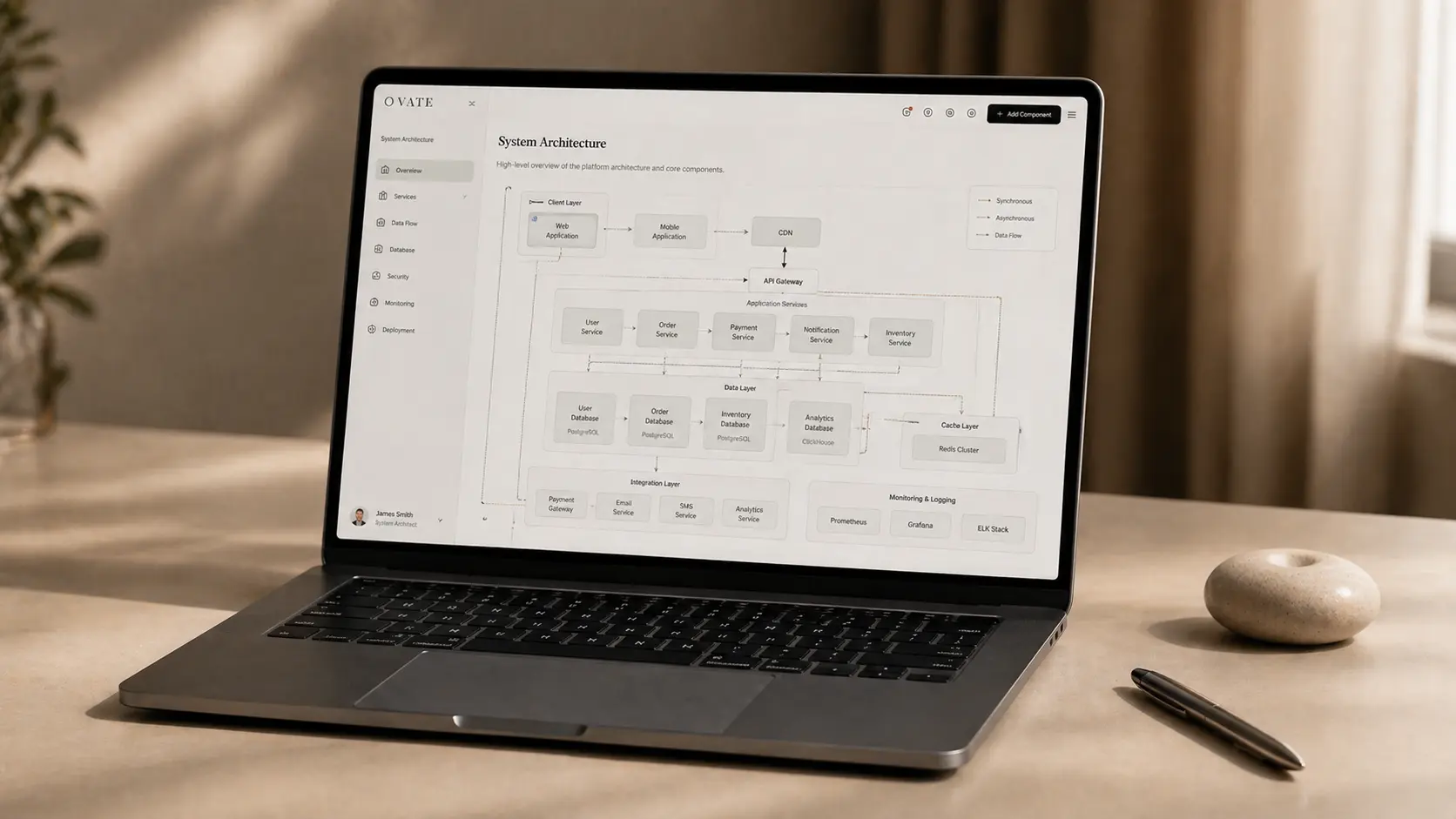 A modern laptop displaying a complex software architecture diagram on a minimalist desk, highlighting bespoke enterprise solution planning.