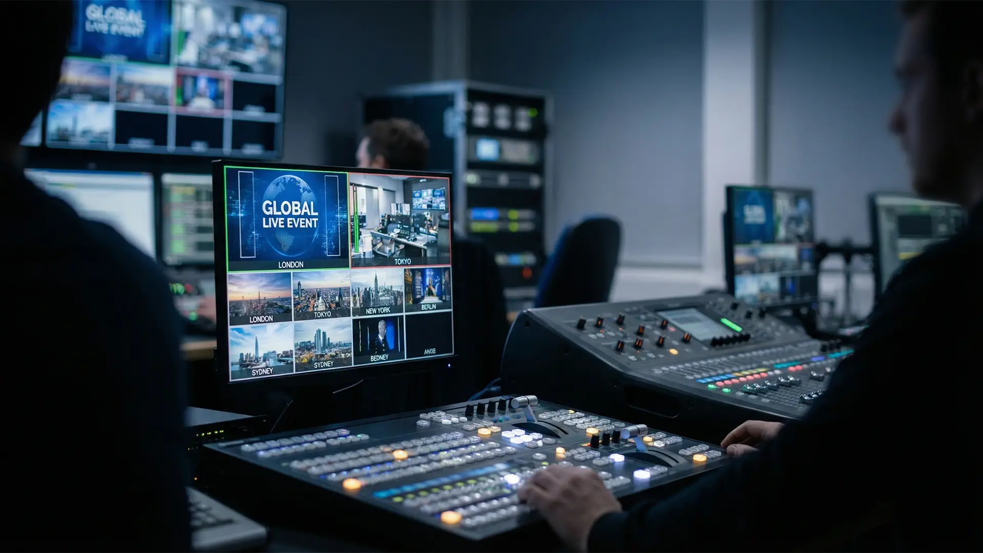 A broadcast control room showing a live global event feed on multiple screens, with a vision mixer in the foreground and international locations displayed on a central monitor.