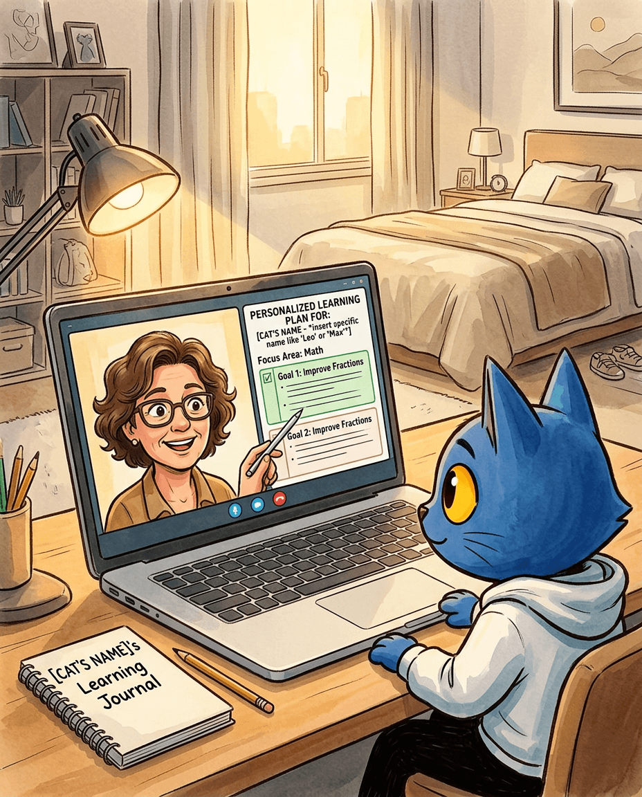 Blue cartoon cat watching a laptop screen showing a teacher presenting a personalized learning plan