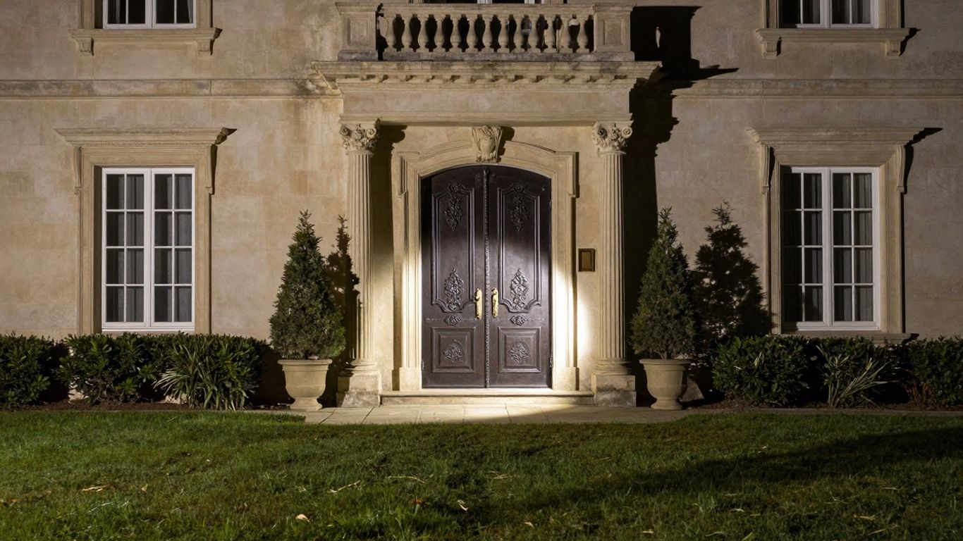 Opulent mansion with spotlight on ornate door.