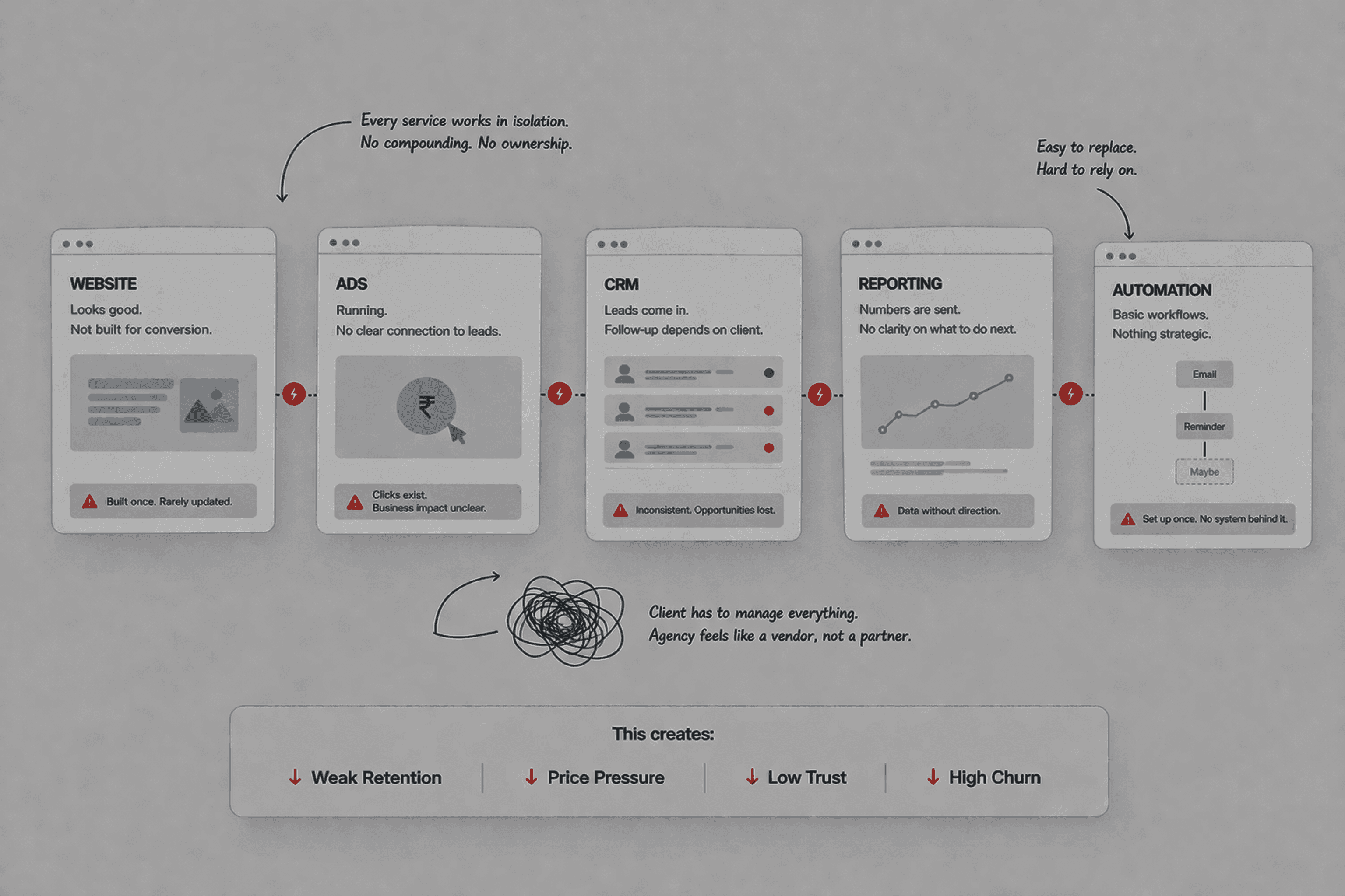 Illustration showing disconnected services like website, ads, CRM, and reporting operating without a unified system.
