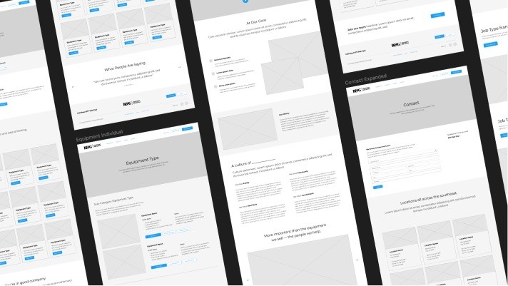 Wireframes of the Brasfield & Gorrie equipment and supply website.