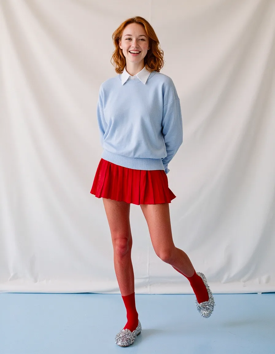 Woman in blue sweater and red pleated skirt striking playful pose on white studio backdrop