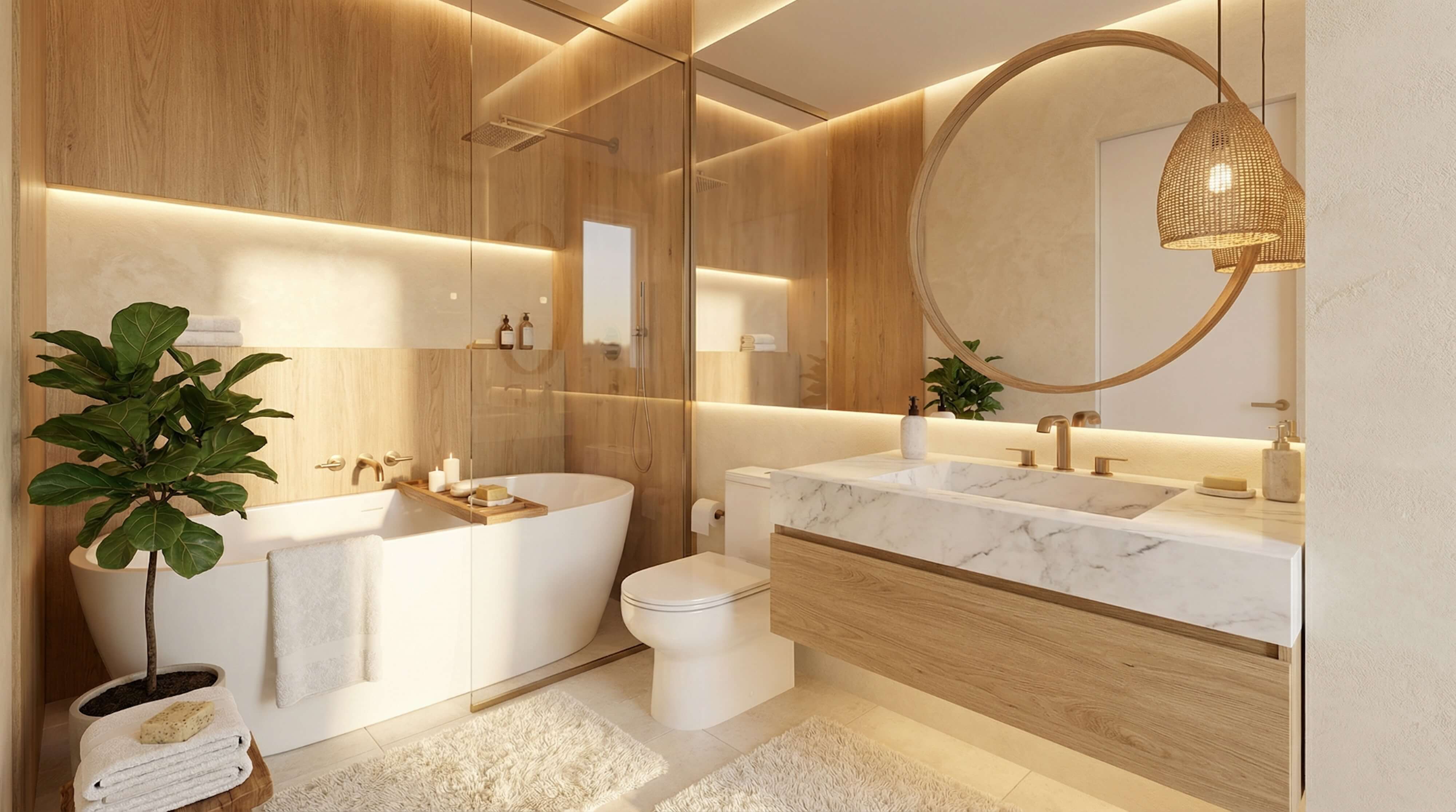 Minimalist luxury bathroom designed with warm wood cabinetry, marble countertops, soft LED lighting, and a tranquil spa-like feel.
